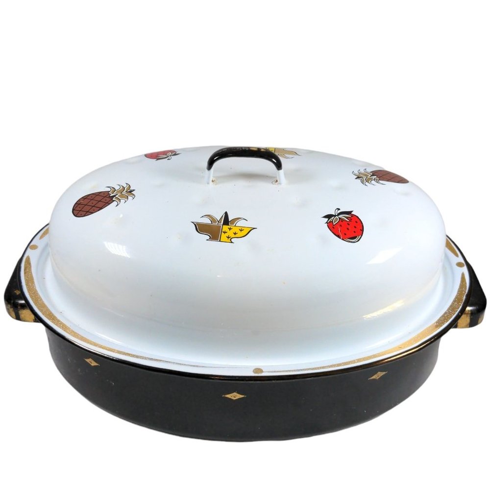 Vintage Georges Briard Enamel Roasting Pan Pineapple Strawberry Gold Accents MCM